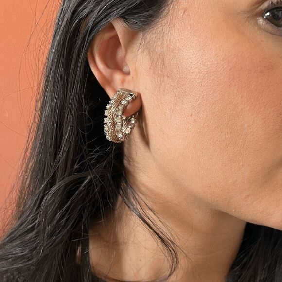 vtg 60s statement clip on earrings goldtone rope square‎ rhinestone glam party - Picture 8 of 9